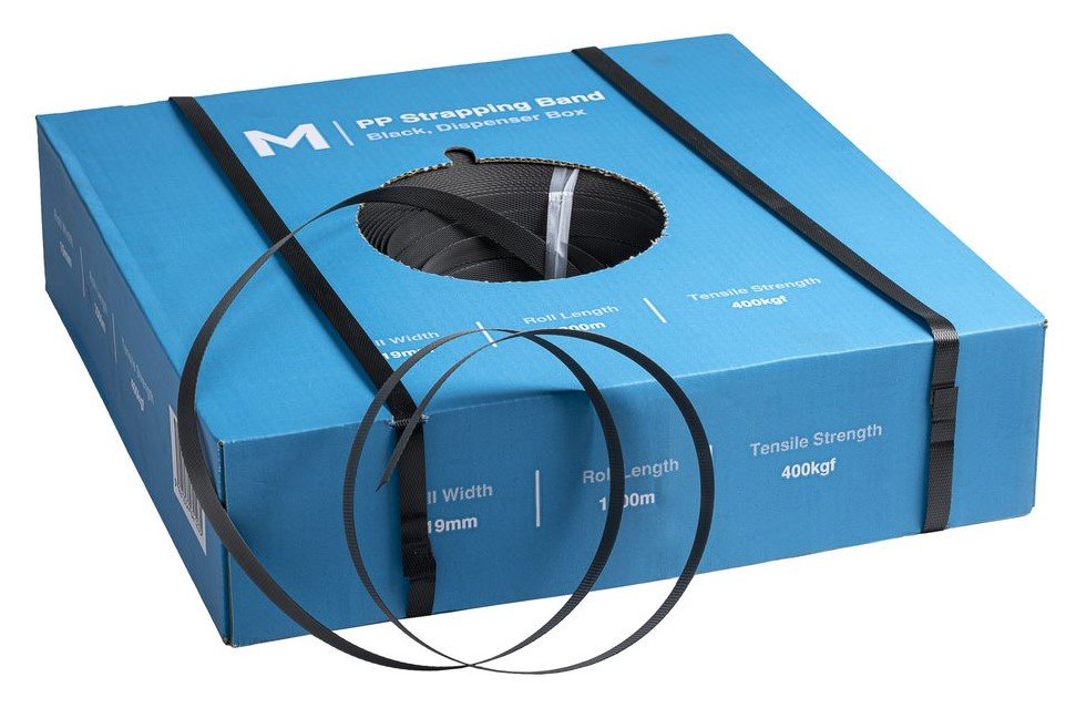 PP Hand Strapping Band - Black, 19mm x 1000m x 0.85mm, 400kgf (1)            