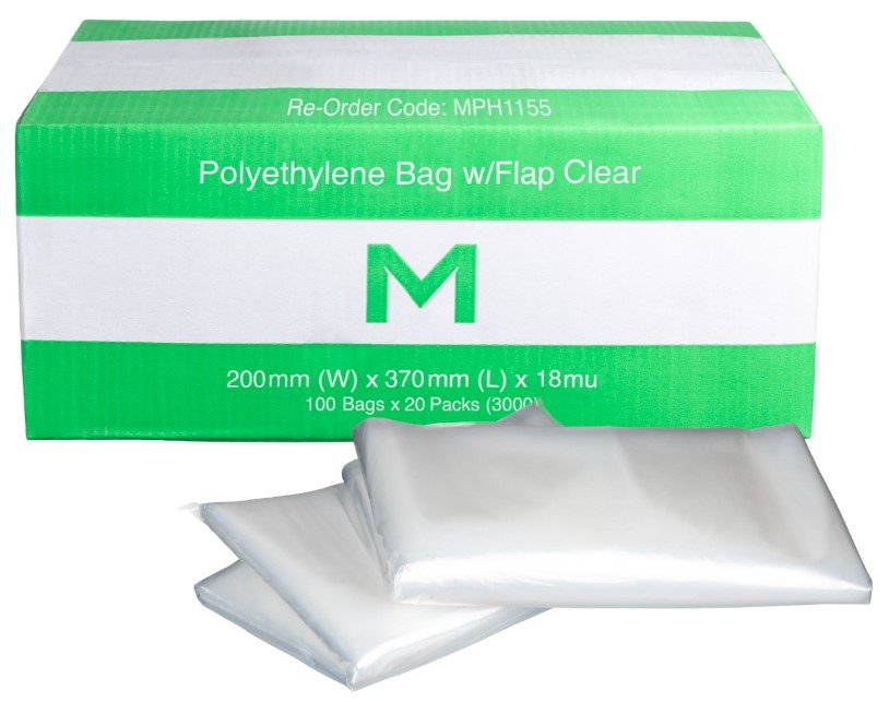 FP Polyethylene Bag w/Flap - Clear, 200mm x 370mm x 18mu (3000) 