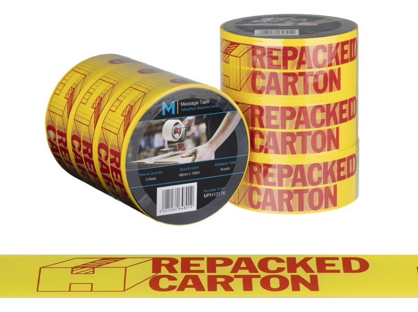 [LMD13176] Message Tape Repacked Carton - Yellow/Red, 48mm x 100m x 50mu (36)