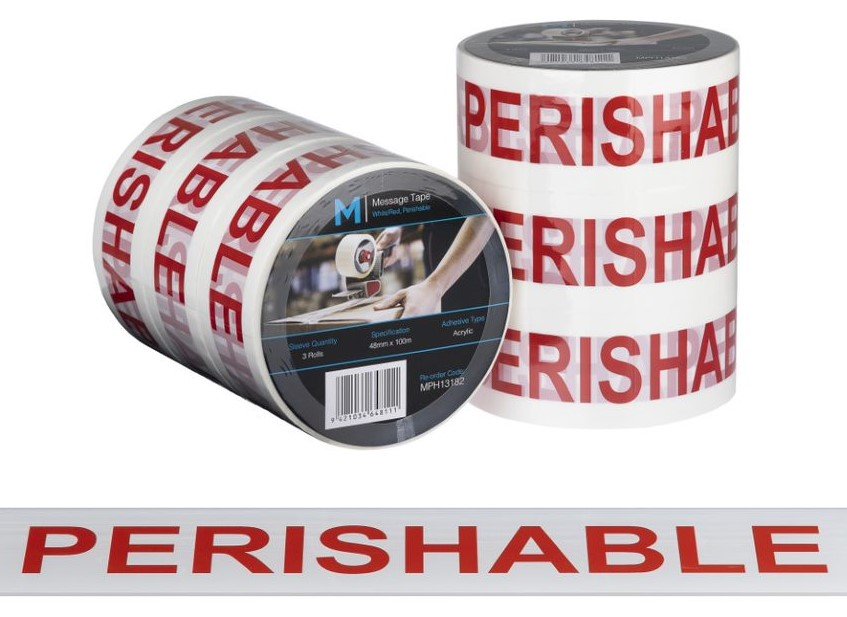 [LMD13182] Message Tape Perishable - White/Red, 48mm x 100m x 50mu (36)