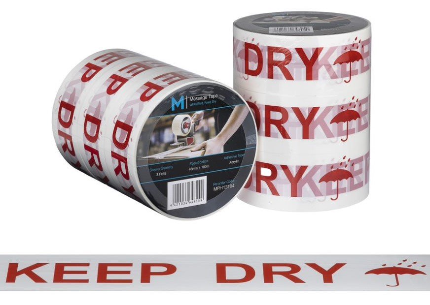 [LMD13184] Message Tape Keep Dry - White/Red, 48mm x 100m x 50mu (36) 