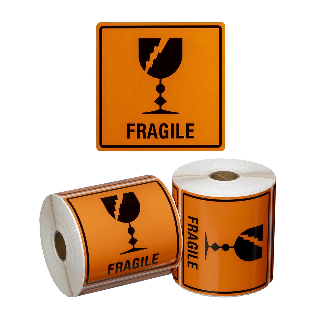 [LMD15010] Handling Label Fragile - Orange/Black, 99mm x 99mm (500)