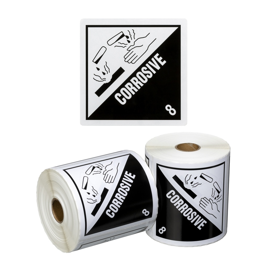 DG Label Corrosive 8 - White/Black, 99mm x 99mm (500)