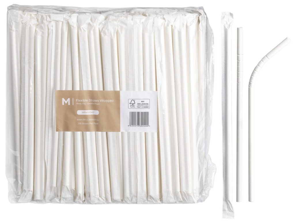 Paper Flexible Straws Wrapped - White, 6mm x 200mm, 300gsm, FSC Mix® (2500)
