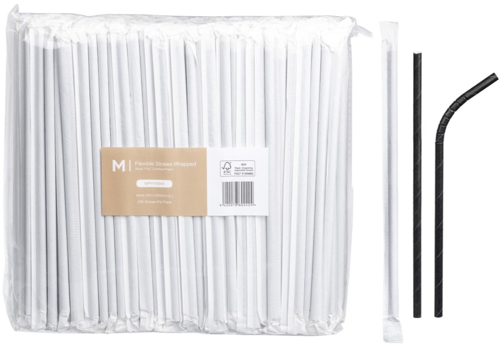Paper Flexible Straws Wrapped - Black, 6mm x 200mm, 300gsm, FSC Mix® (2500)