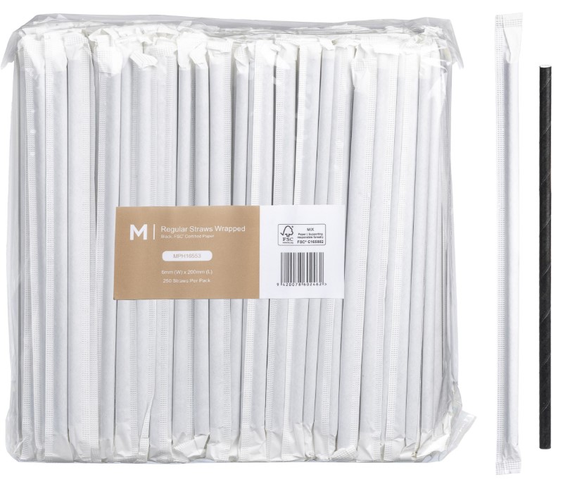 Paper Regular Straws Wrapped - Black, 6mm x 200mm, 300gsm, FSC Mix® (2500)