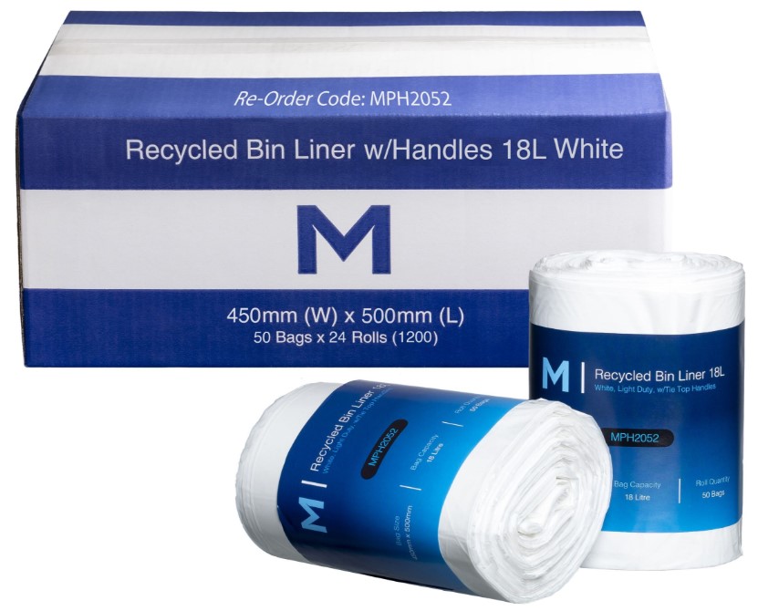 [LMD2052] POR Recycled Bin Liner w/Handles 18L - White, 450mm x 500mm x 15mu (1200)