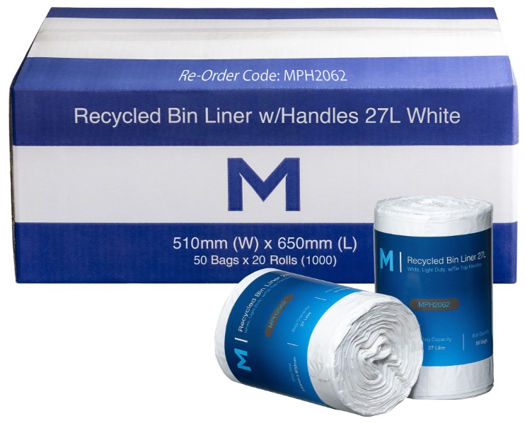 [LMD2062] POR Recycled Bin Liner w/Handles 27L - White, 510mm x 650mm x 15mu (1000)