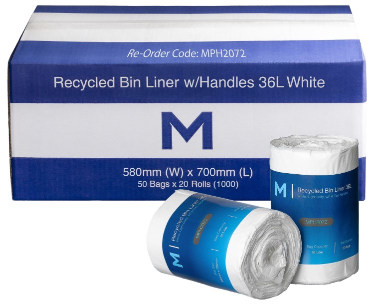 [LMD2072] POR Recycled Bin Liner w/Handles 36L - White, 580mm x 700mm x 15mu (1000)