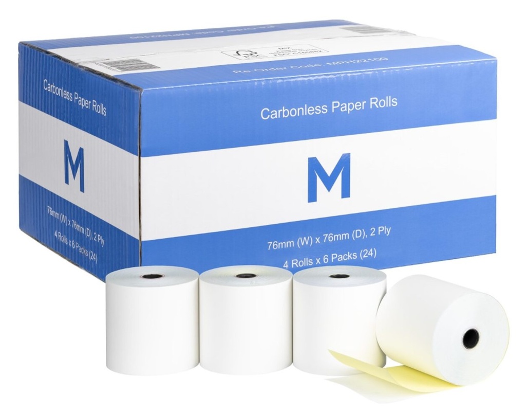 NCR Carbonless Paper Roll - White/Yellow, 75mm x 76mm, 2 Ply, FSC Mix® (24)