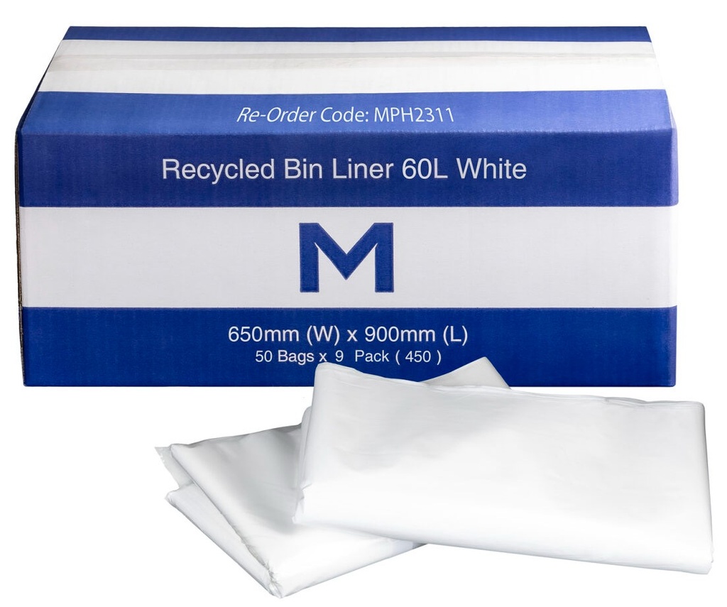 [LMD2311] FP Recycled Bin Liner 60L - White, 650mm x 900mm x 30mu (450)