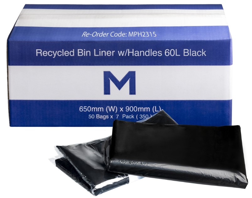[LMD2315] FP Recycled Bin Liner w/Handles 60L - Black, 650mm x 900mm x 30mu (350)