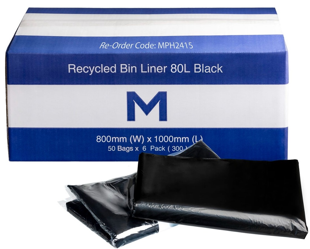 [LMD2415] FP Recycled Bin Liner w/Handles 80L - Black, 800mm x 1000mm x 30mu (300)