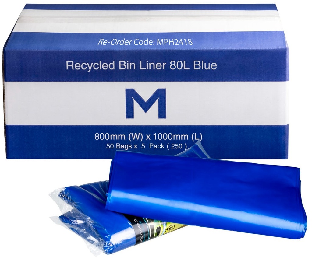 [LMD2418] FP Recycled Bin Liner w/Handles 80L - Blue, 800mm x 1000mm x 40mu (250)