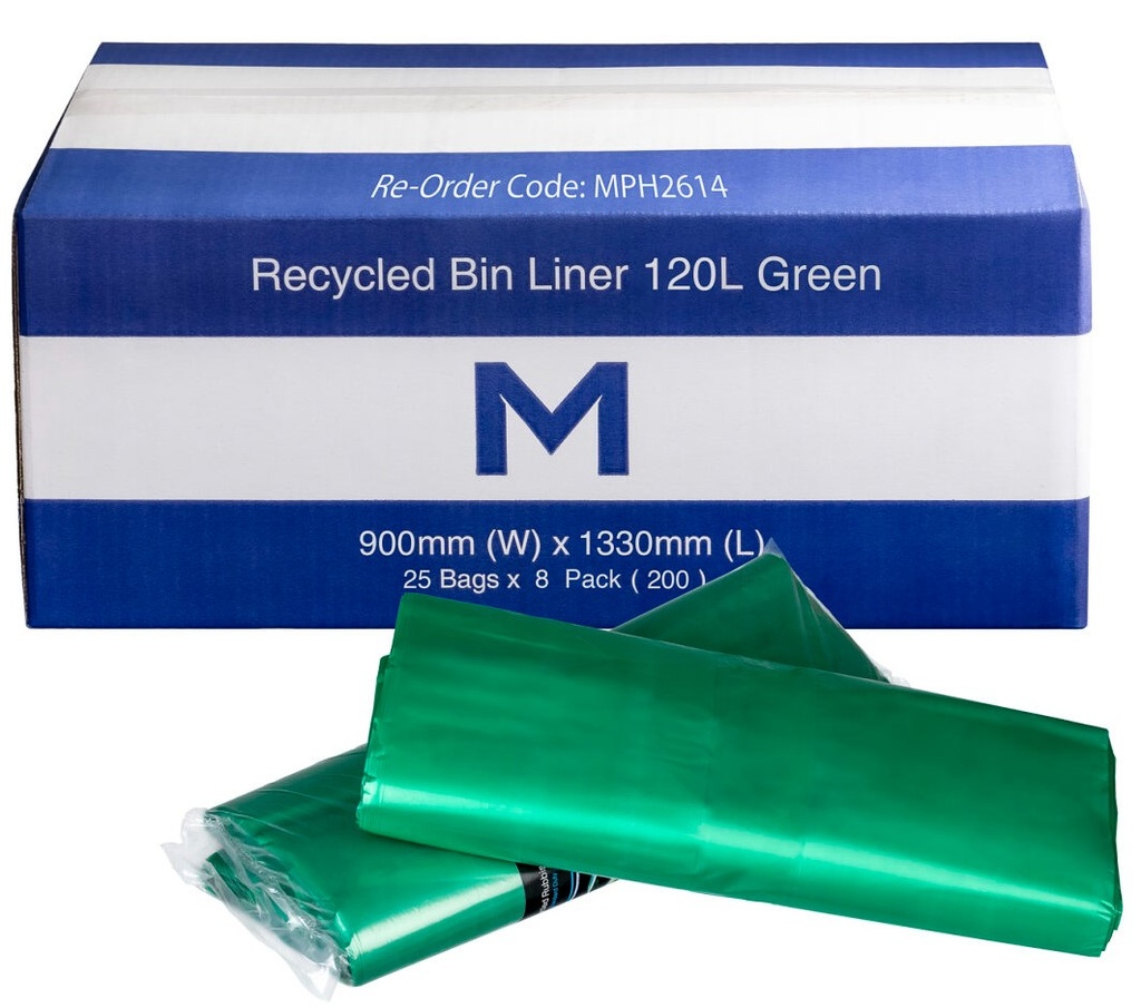 [LMD2614] FP Recycled Bin Liner 120L - Green, 900mm x 1330mm x 30mu (200)