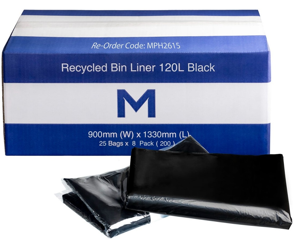 [LMD2615] FP Recycled Bin Liner w/Handles 120L - Black, 900mm x 1330mm x 30mu (200)