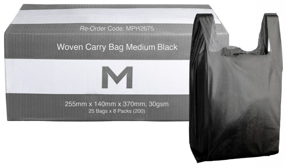 Woven Carry Bag Medium - Black, 255mm x 140mm x 370mm, 30gsm (200)