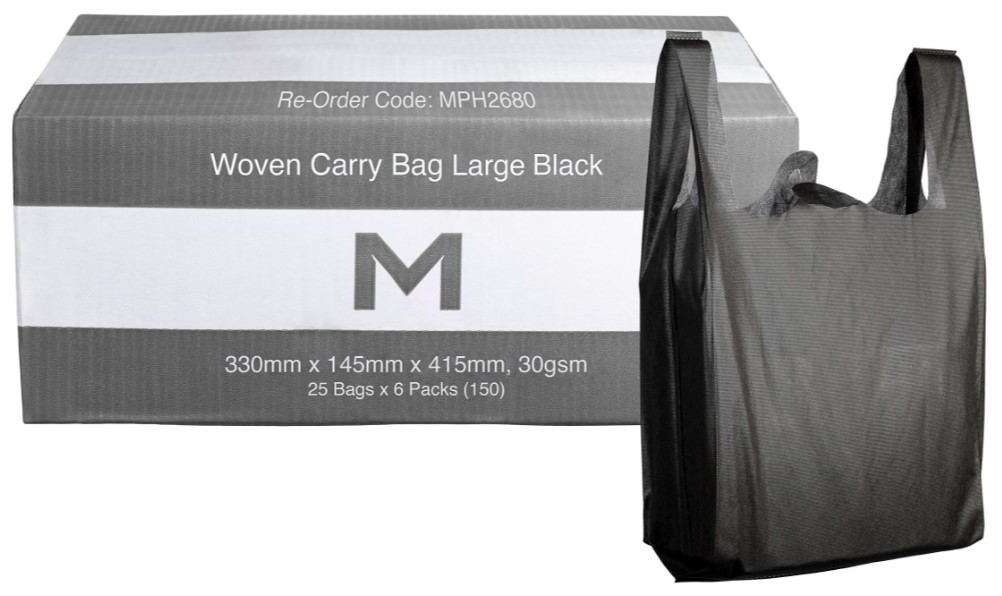 Woven Carry Bag Large - Black, 330mm x 145mm x 415mm, 30gsm (150)