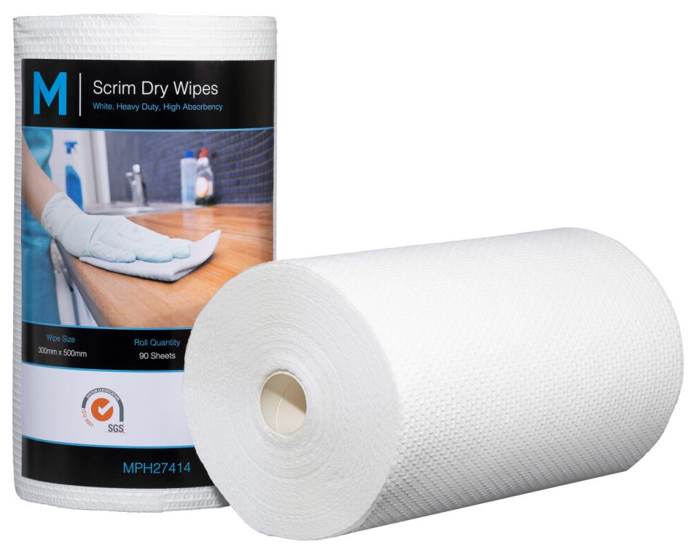 Scrim Hexagonal Dry Wipes - White, 300mm x 500mm, 90 Sheets, 80gsm (4) 