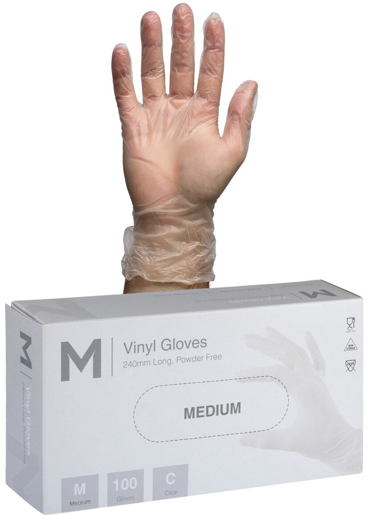 Vinyl Gloves Powder Free - Clear, M, 240mm Cuff, 5.0g (1000)
