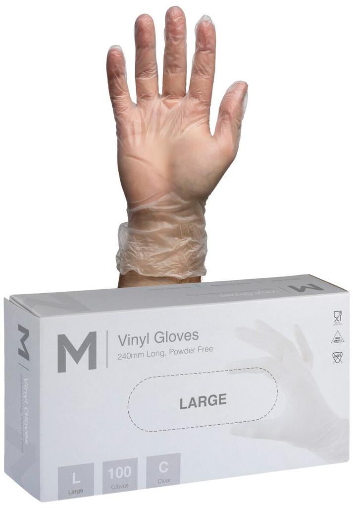 Vinyl Gloves Powder Free - Clear, L, 240mm Cuff, 5.0g (1000)