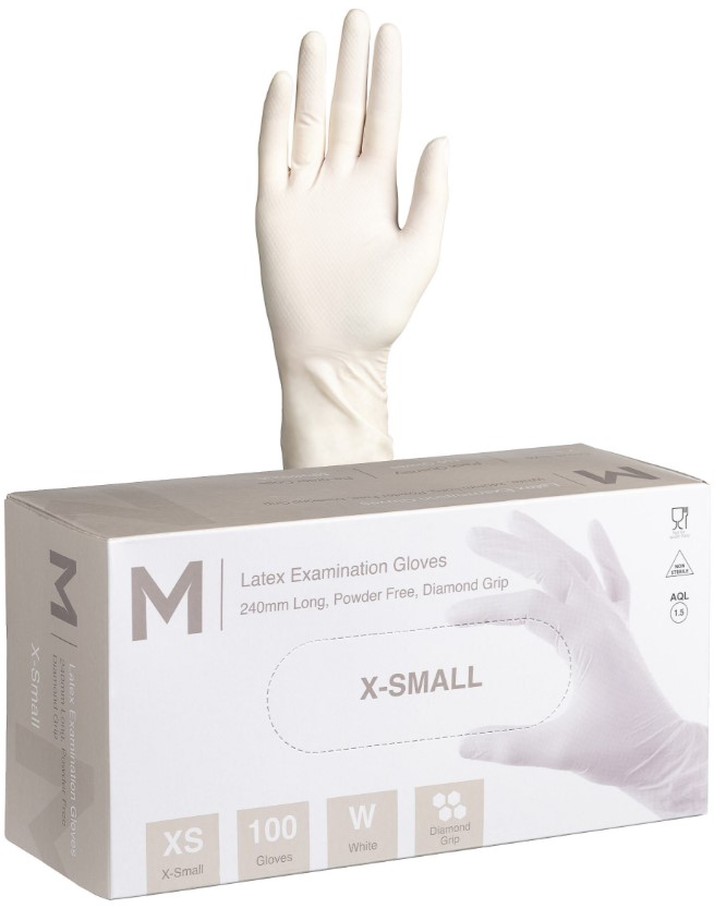 [LMD29224] Latex Diamond Grip Examination Gloves Powder Free - White, XS, 240mm Cuff, 8.0g (1000) 