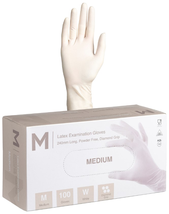 [LMD29230] Latex Diamond Grip Examination Gloves Powder Free - White, M, 240mm Cuff, 8.0g (1000) 