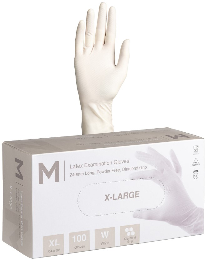 Latex Diamond Grip Examination Gloves Powder Free - White, XL, 240mm Cuff, 8.0g (1000) 