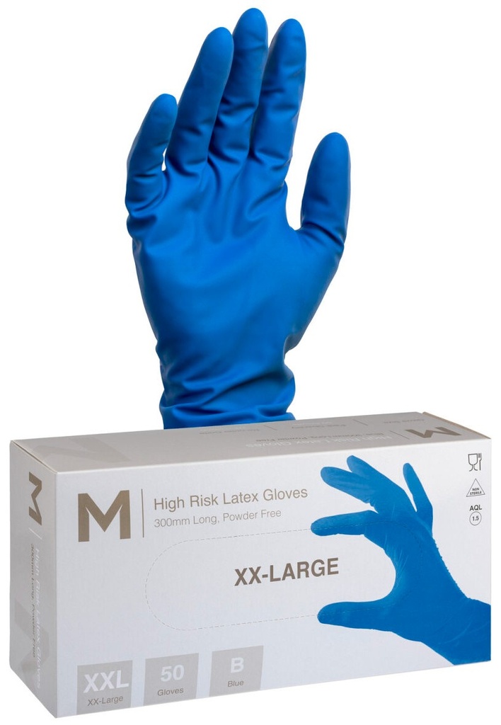 High Risk Latex Examination Gloves Powder Free - Cobalt Blue, 2XL, 300mm Cuff, 18.5g (500)