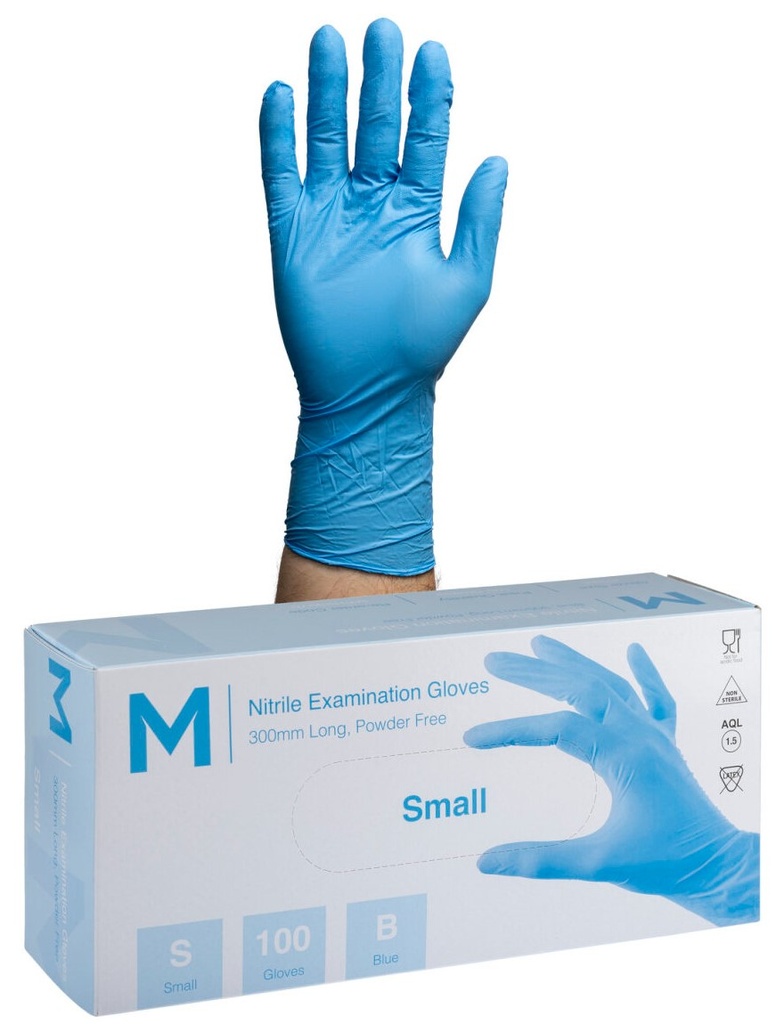 Nitrile Long Cuff Examination Gloves Powder Free - Blue, S, 300mm Cuff, 6.0g (1000)