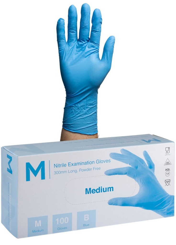 [LMD29375] Nitrile Long Cuff Examination Gloves Powder Free - Blue, M, 300mm Cuff, 6.0g (1000)