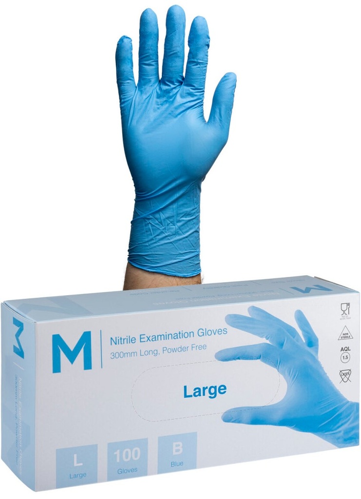 [LMD29380] Nitrile Long Cuff Examination Gloves Powder Free - Blue, L, 300mm Cuff, 6.0g (1000)