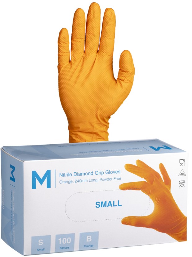 [LMD29435] Nitrile Diamond Grip Gloves Powder Free - Orange, S, 240mm Cuff, 9.0g (1000) 
