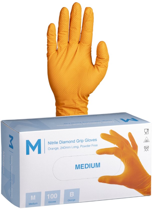 [LMD29440] Nitrile Diamond Grip Gloves Powder Free - Orange, M, 240mm Cuff, 9.0g (1000)