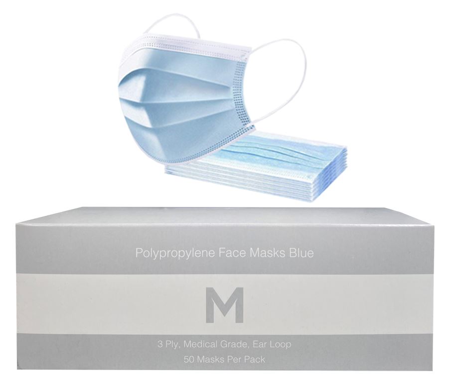 Polypropylene Medical Face Masks - Blue, 3 Ply, Ear Loop Design (50) Type IIR