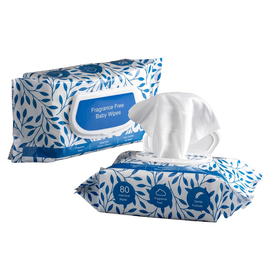Non Fragranced Baby Wipes - White, 160mm x 200mm, 55gsm, 80 Wipes (12) 