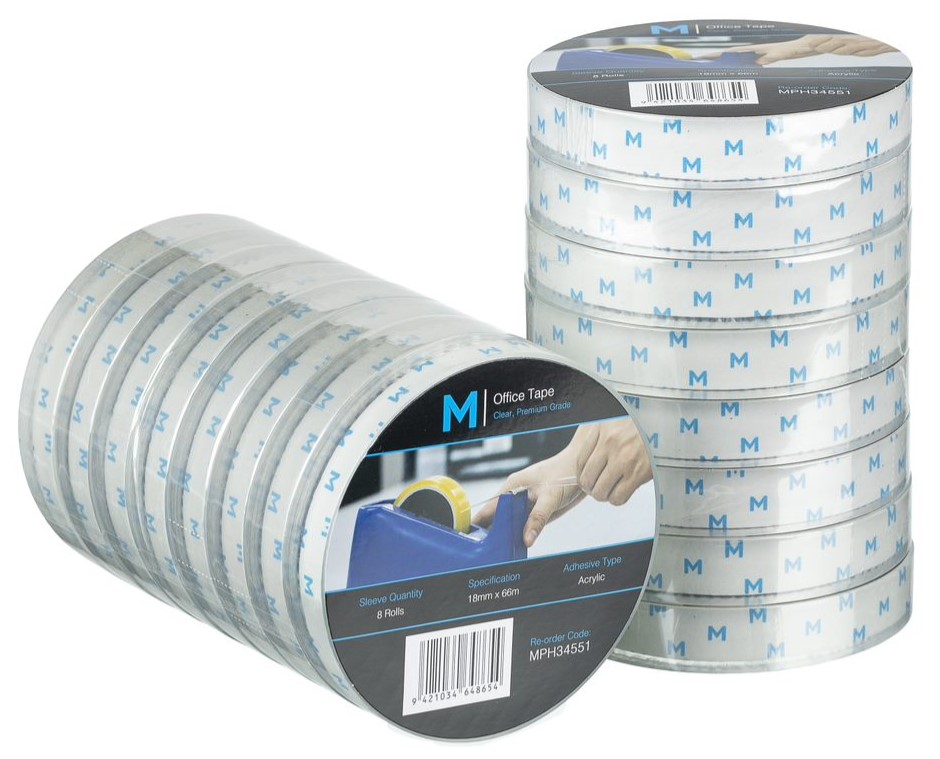 [LMD34551] Acrylic Office Tape - Clear, 18mm x 66m x 45mu, 76.2mm Core (96) *Large Core