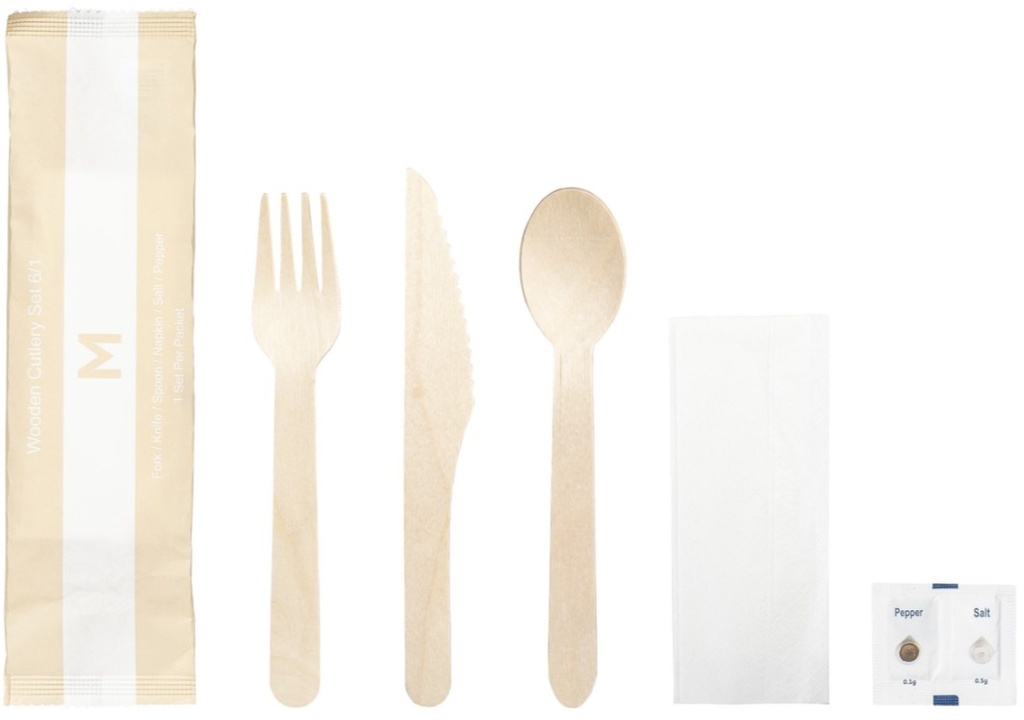 Wooden Cutlery Set 6/1 - Natural, Fork/Knife/Spoon/Napkin/Salt/Pepper, FSC 100%® (400) 