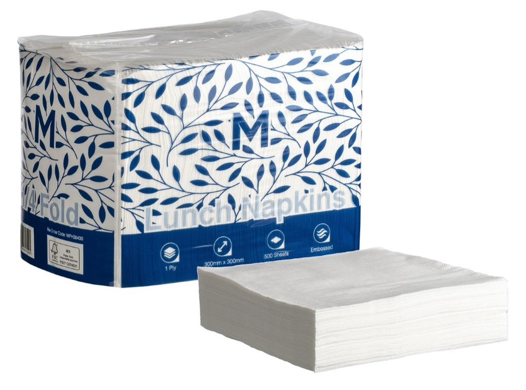 Lunch Napkins 1/4 Fold - White, 300mm x 300mm, 1 Ply, FSC Mix® (3000)