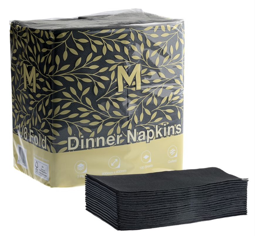Quilted Dinner Napkins 1/8 Fold - Black, 400mm x 400mm, 2 Ply, FSC Mix® (800)