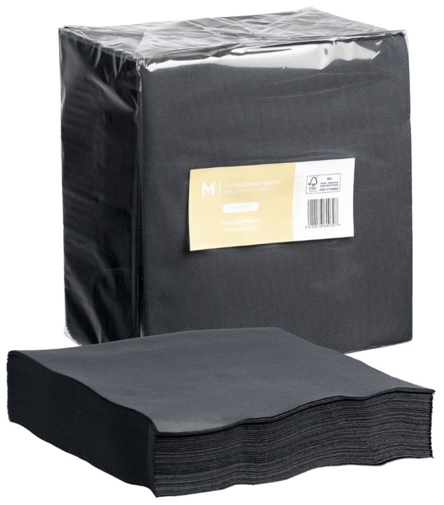 Quilted Dinner Napkins 1/4 Fold - Black, 400mm x 400mm, 2 Ply, FSC Mix® (800)