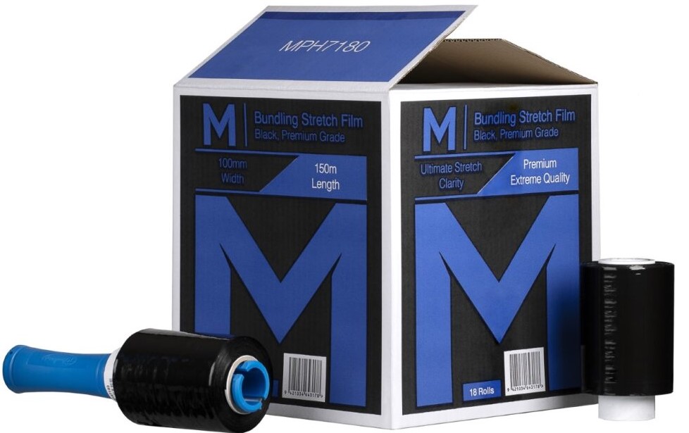 [LMD7180] Cast Bundling Film - Black, 100mm x 150m x 23mu (18) + 4 Free Handles