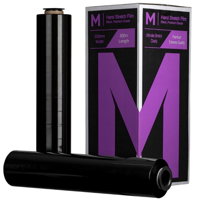 [LMD8070] Cast Hand Stretch Film - Black, 500mm x 300m x 20mu (4) + 4 Free End Caps