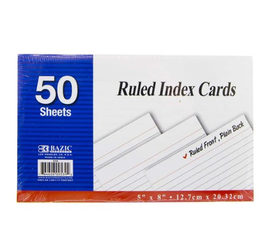 Bazic 50 Ct. 5" X 8" Ruled White Index Card (36)