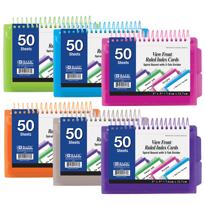 Bazic 50 Ct. View Poly Spiral Bound 3" X 5" Ruled White Index Card W/ 2-Tab Divider (24)