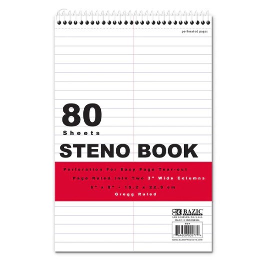 Bazic 80 Ct. 6" X 9" White Paper Gregg Ruled Steno Book (48)