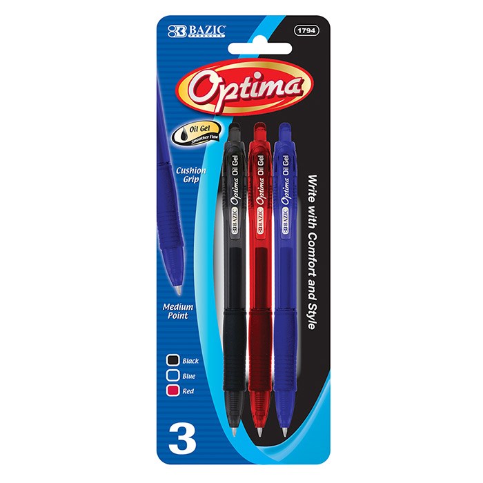 Bazic Assorted Color Retractable Gel Pen With Grip (3/Pack) (12)