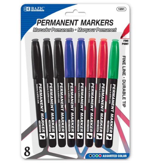 Bazic Assorted Colors Fine Tip Permanent Markers W/ Pocket Clip (8/Pack) (12)
