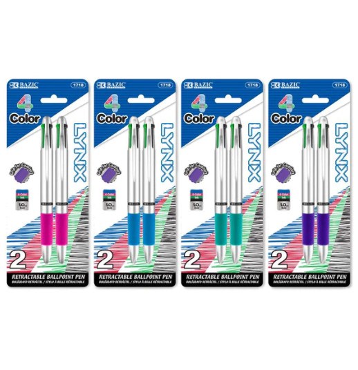 Bazic Lynx Silver Top 4-Color Pen W/ Cushion Grip (2/Pack) (12)
