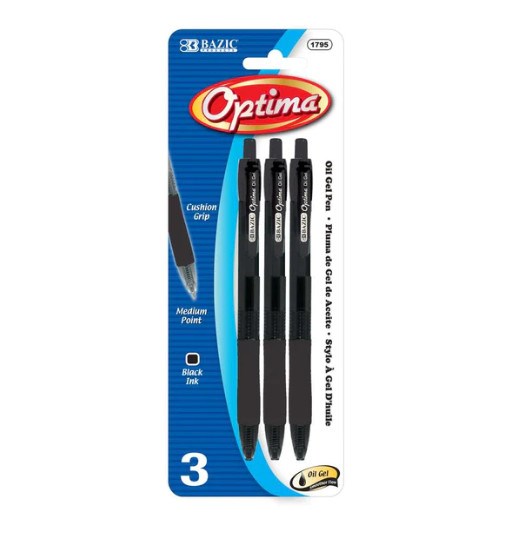 Bazic Optima Black Oil-Gel Ink Retractable Pen W/ Grip (3/Pack) (12)